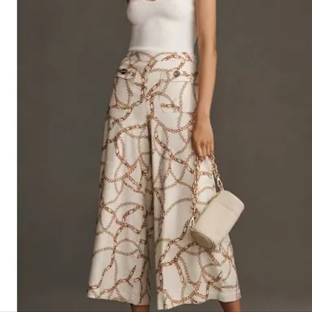 Anthropologie Cream and Brown Chain Print Flare Pants
